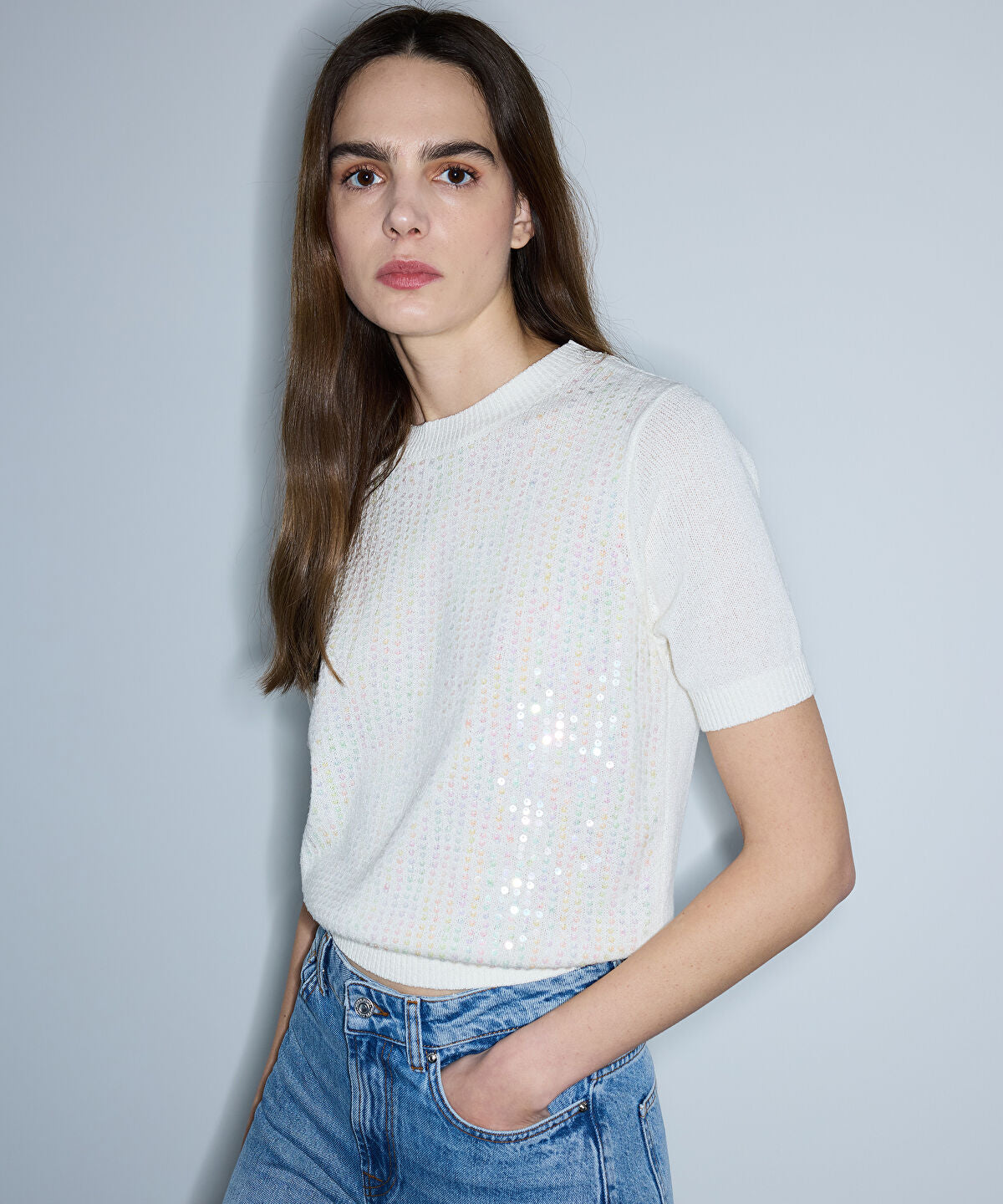 Zoomed Sequinned Knit Top