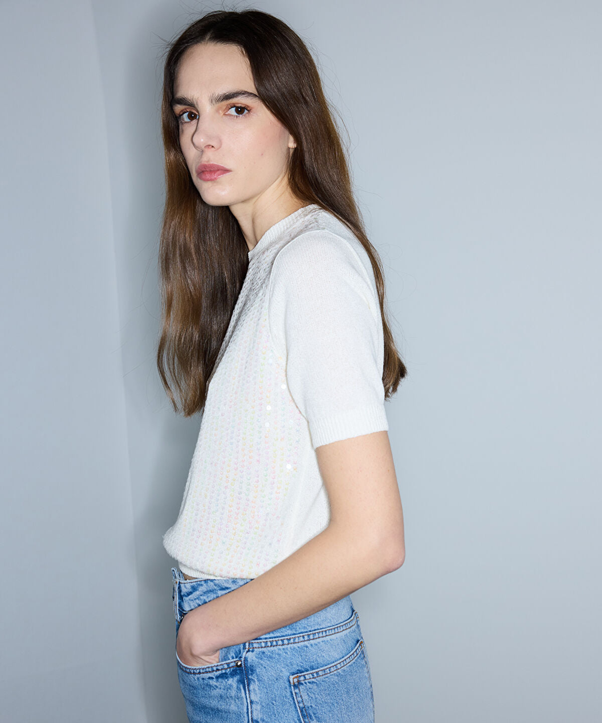 Zoomed Sequinned Knit Top