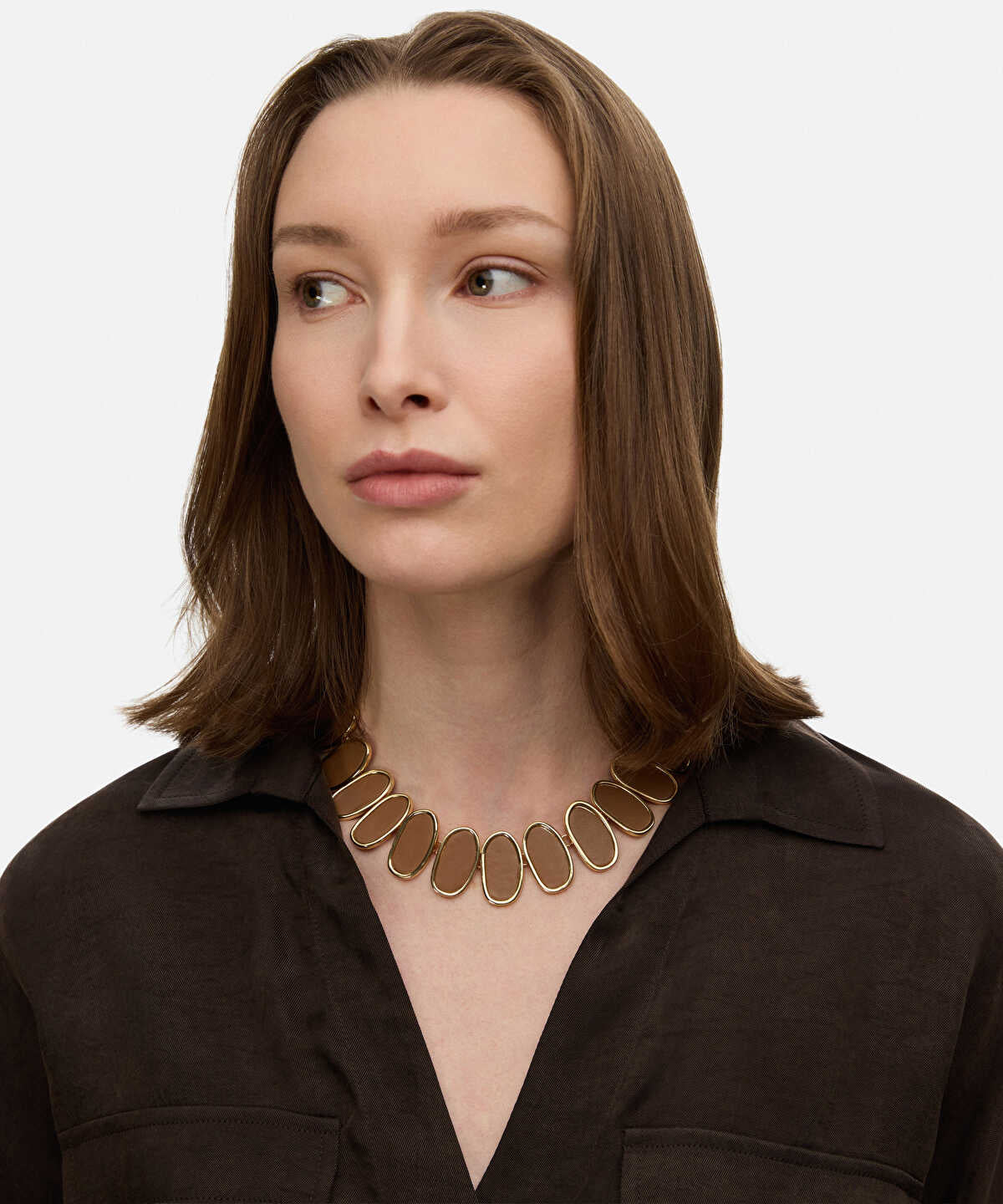 Zoomed Leather Effect Oval-Piece Necklace
