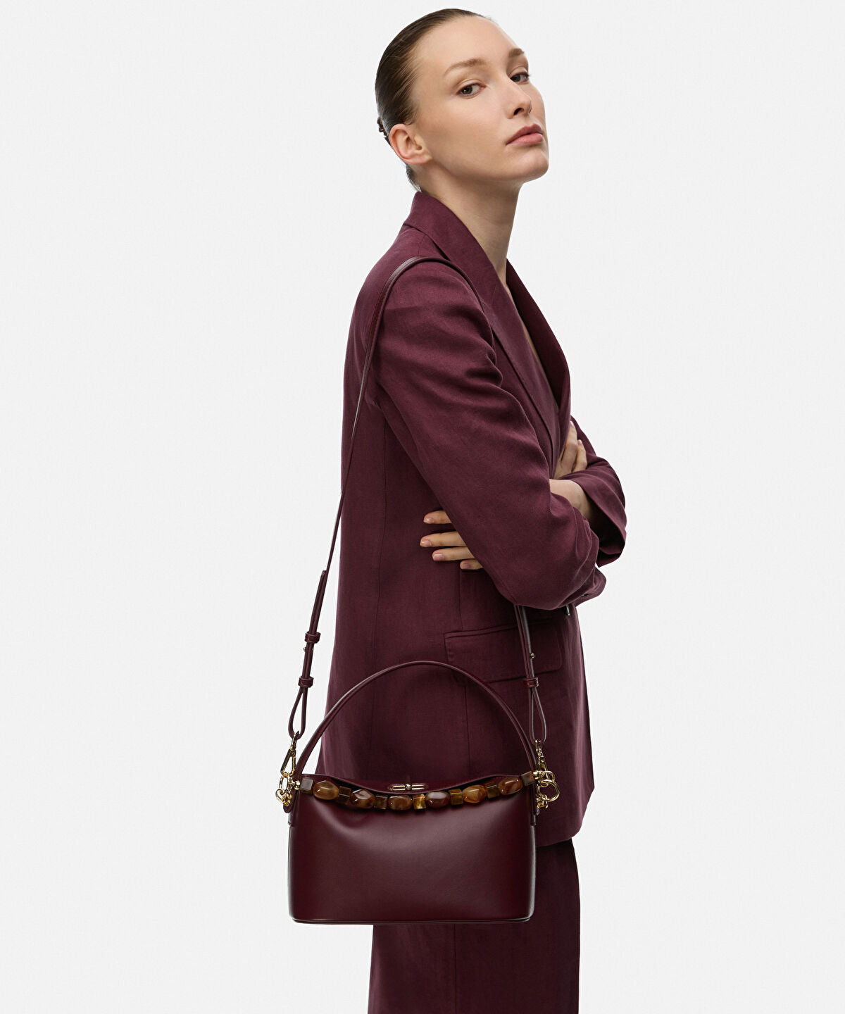Zoomed Beaded Strap Leather Effect Bag