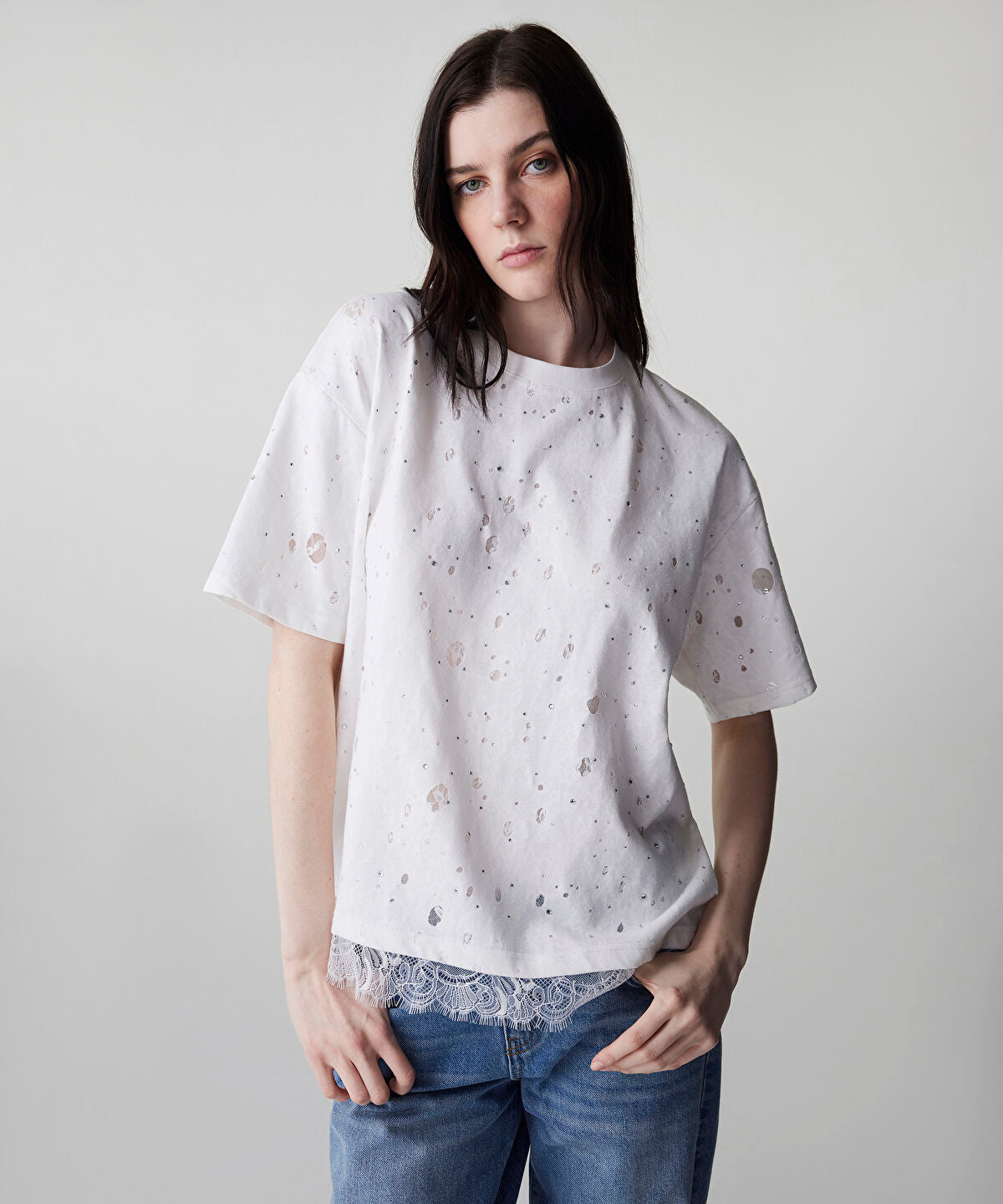 Zoomed Distressed-Effect Mixed T-Shirt