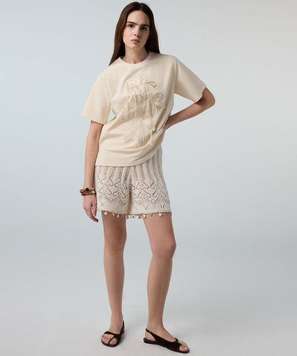 Embroidered T-Shirt with Fringes
