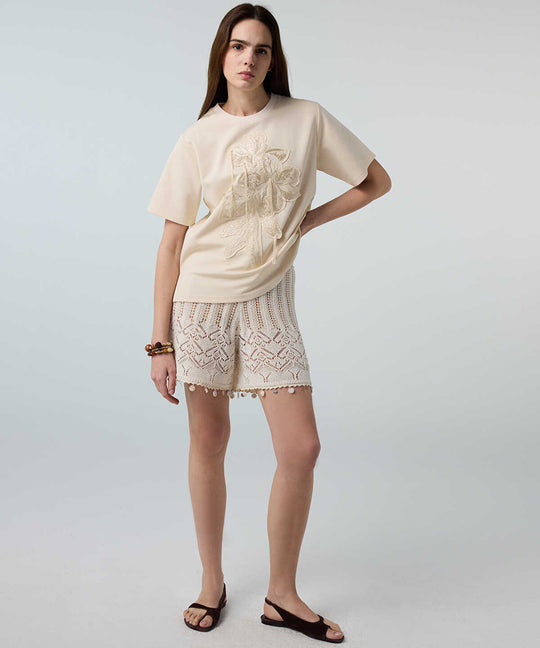 Embroidered T-Shirt with Fringes