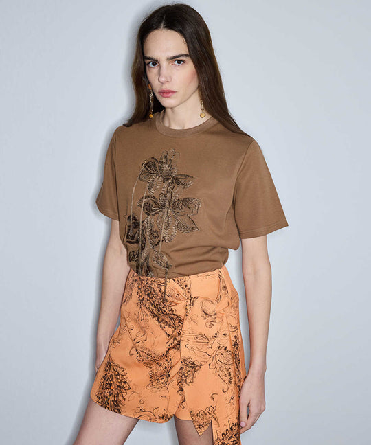 Embroidered T-Shirt with Fringes