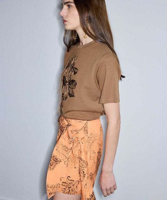 Embroidered T-Shirt with Fringes