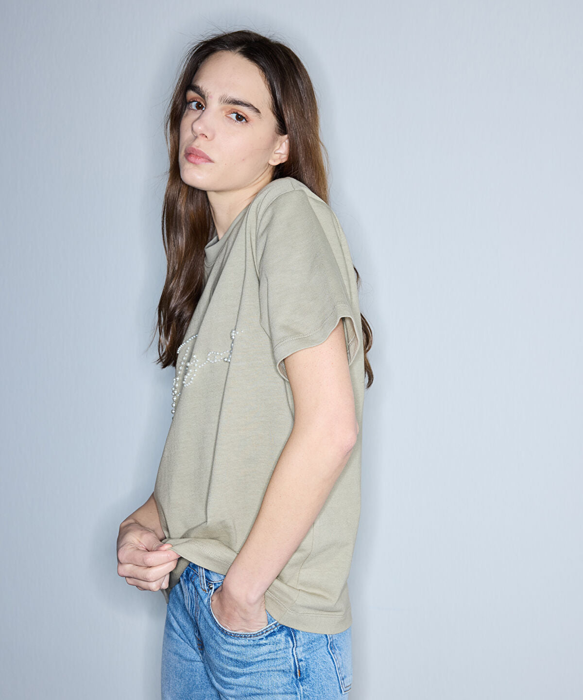 Zoomed T-Shirt with Faux Pearl Embellishments