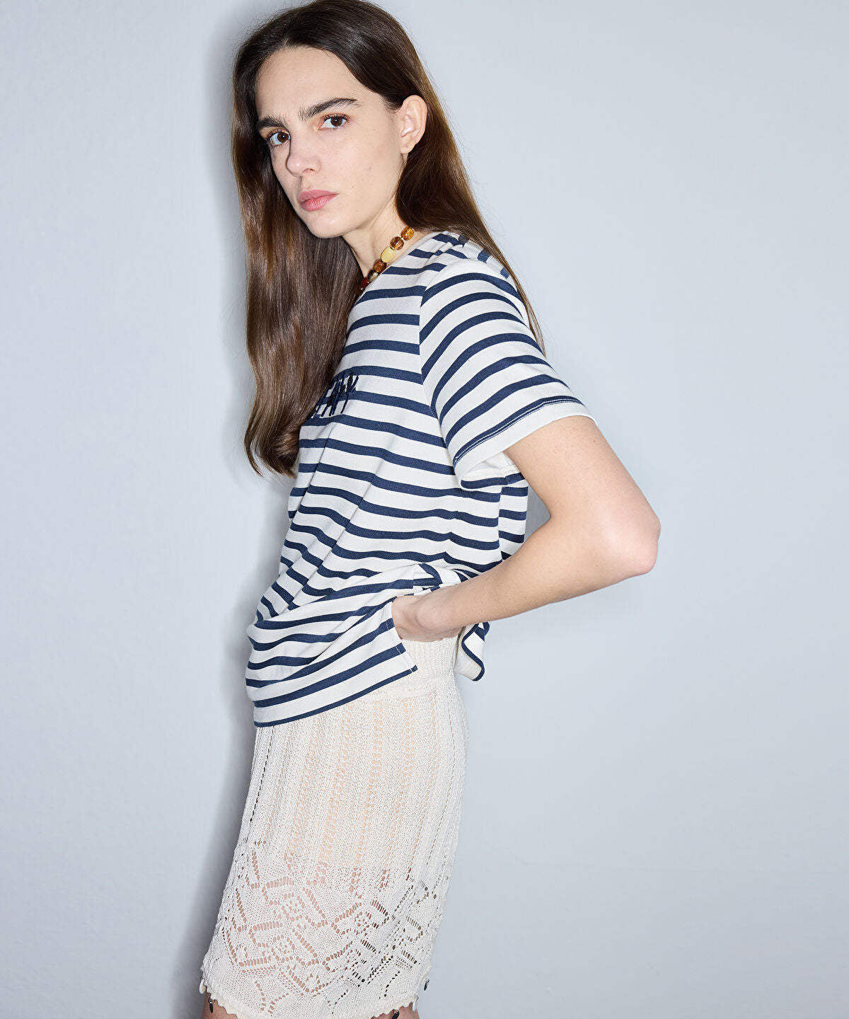 Striped T-Shirt with Slogan Embroidery