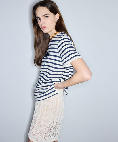 Striped T-Shirt with Slogan Embroidery