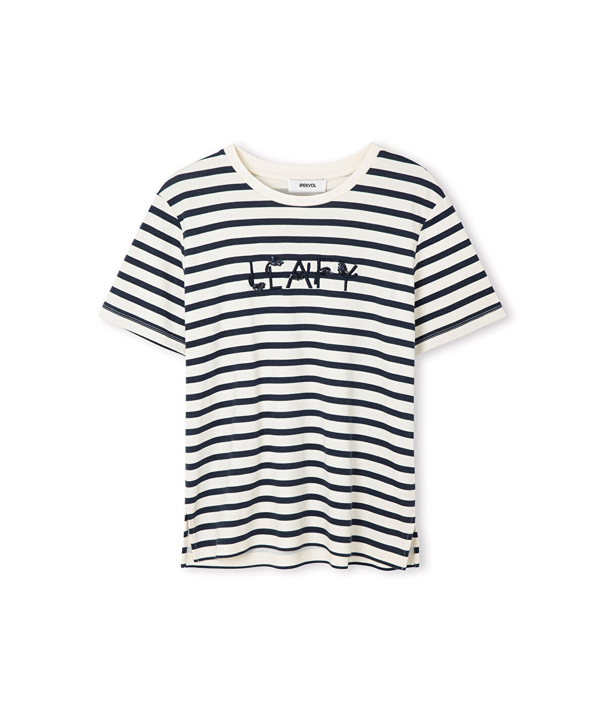 Zoomed Striped T-Shirt with Slogan Embroidery