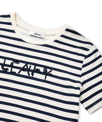 Striped T-Shirt with Slogan Embroidery