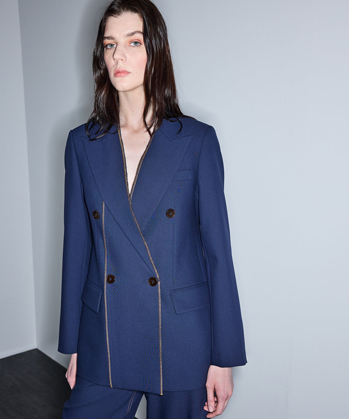 Contrast Stitch Double-Breasted Blazer