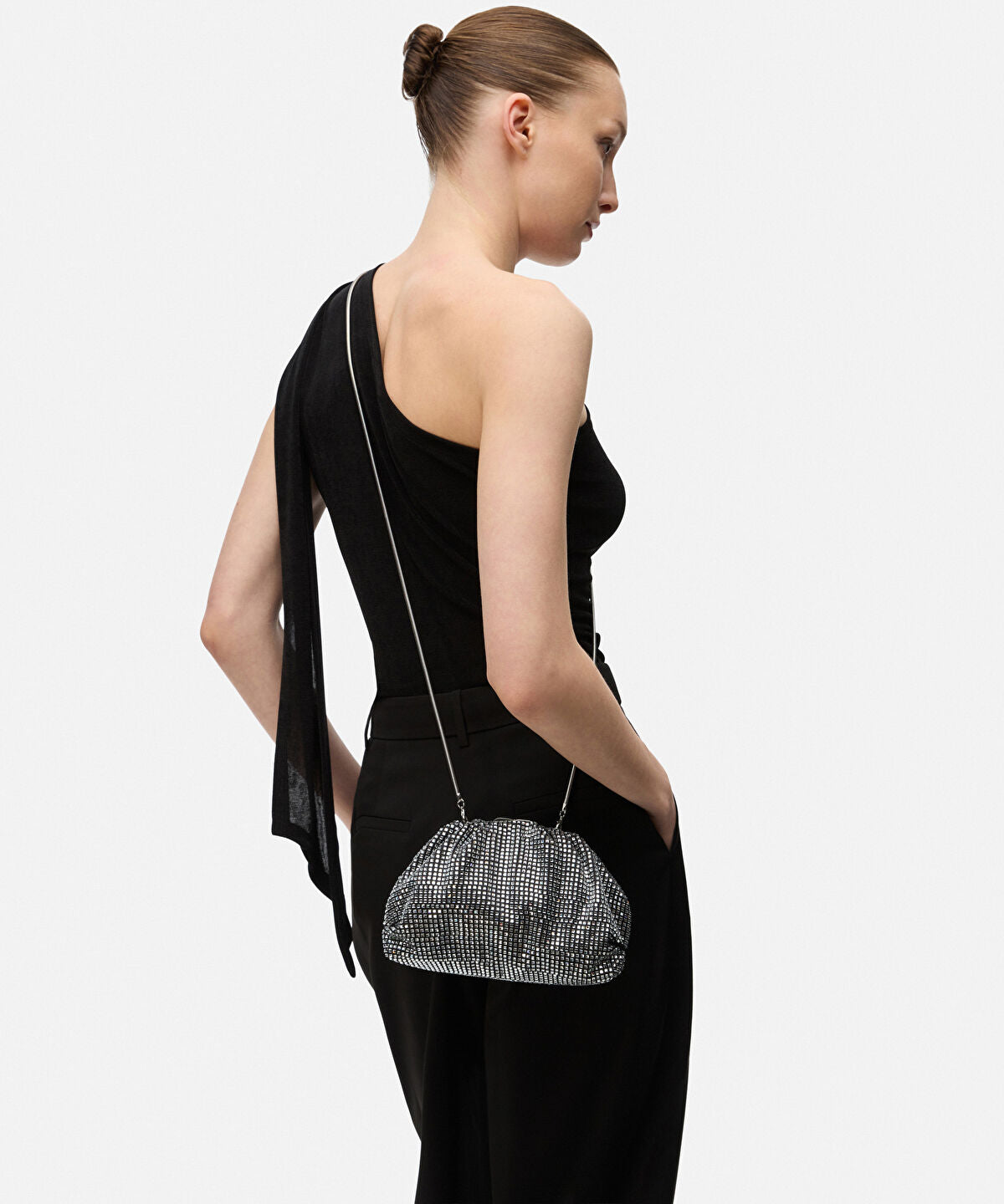 Zoomed Rhinestone Clutch with Detachable Strap