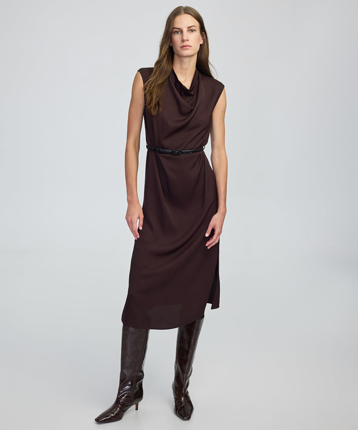 Gold-Buckle Belted Midi Dress