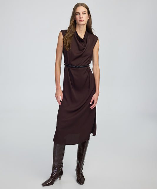 Gold-Buckle Belted Midi Dress