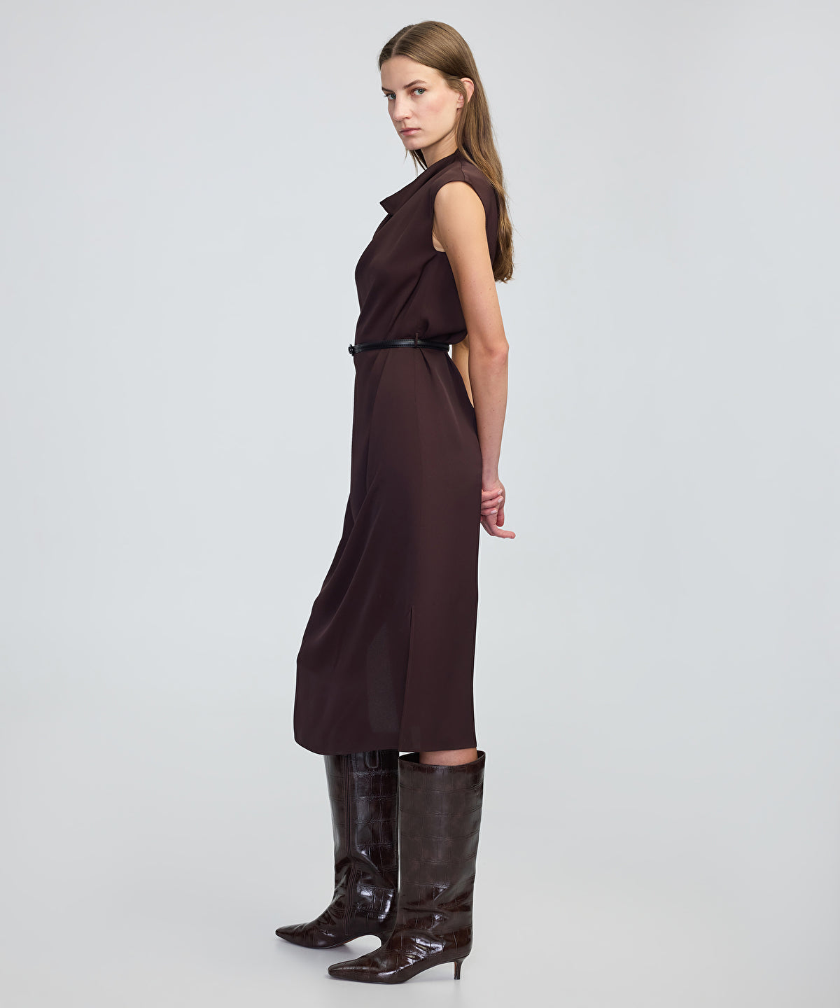 Gold-Buckle Belted Midi Dress