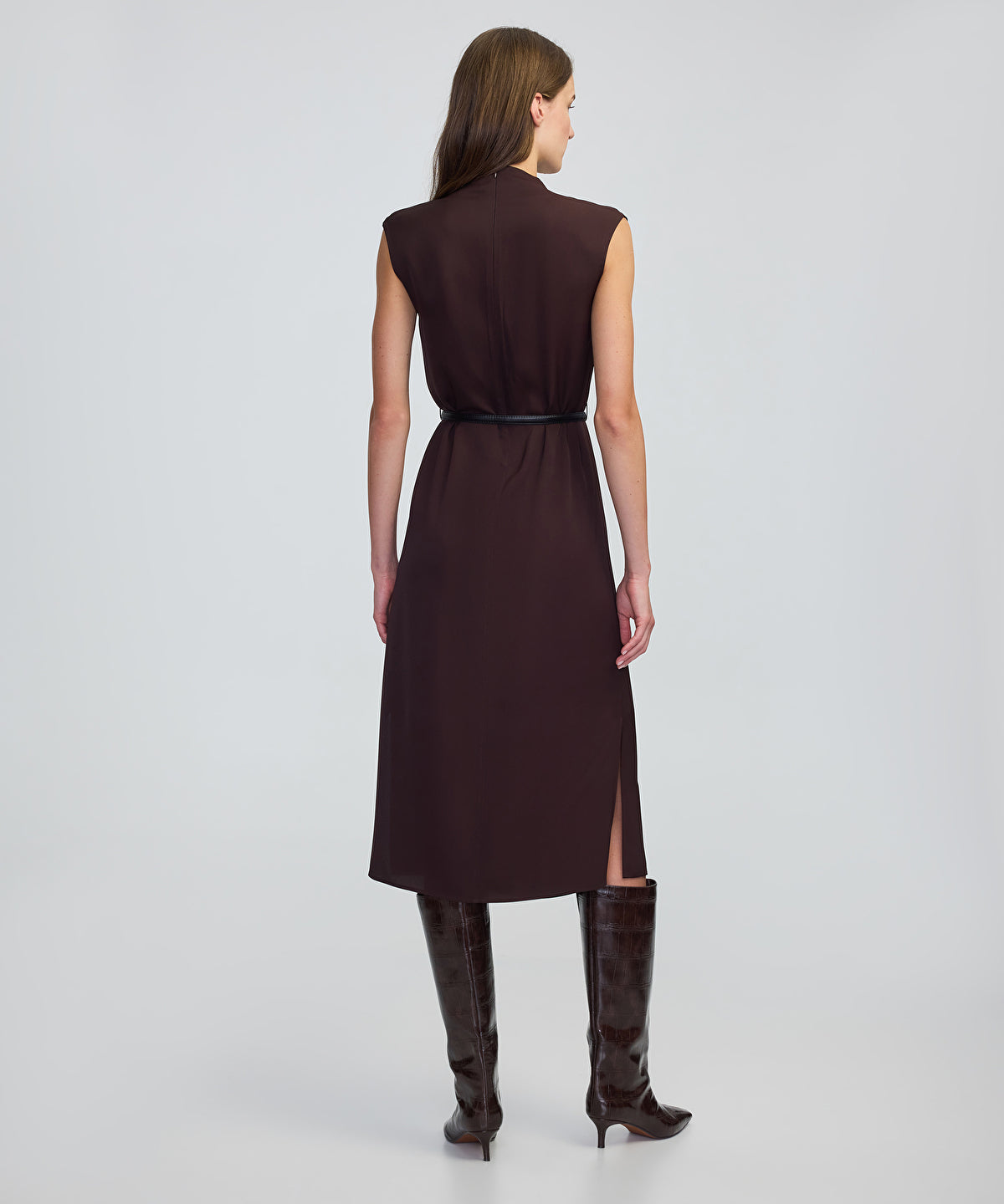 Gold-Buckle Belted Midi Dress