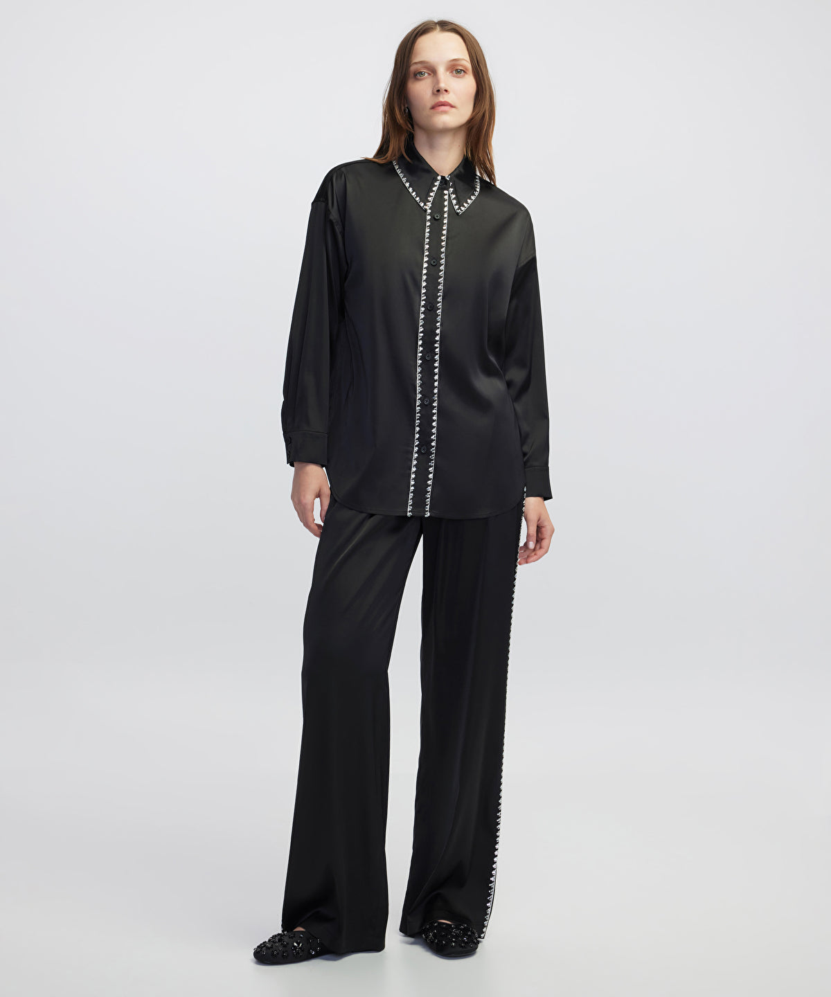 Strass-Trim Wide-Leg Trousers