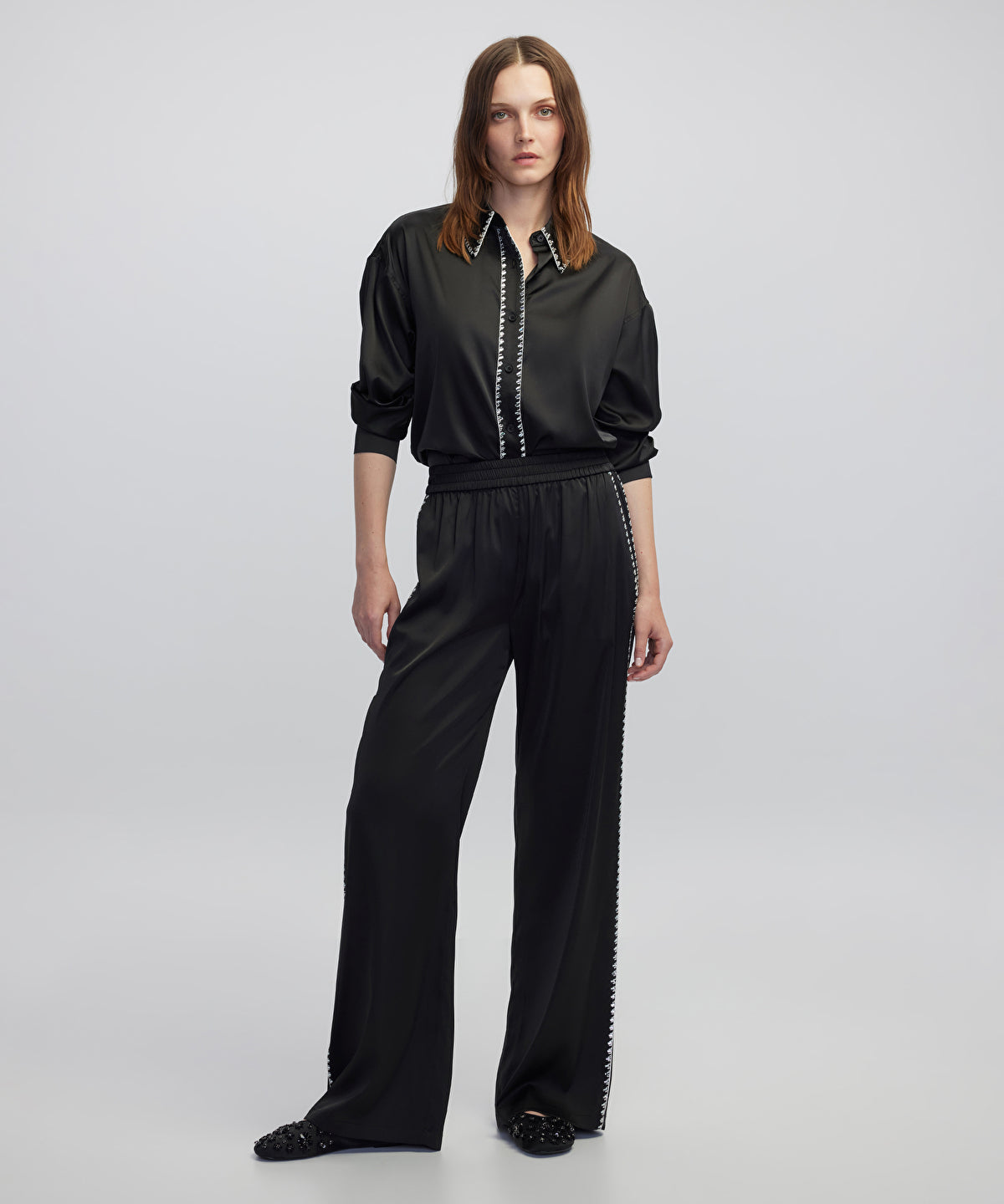 Strass-Trim Wide-Leg Trousers