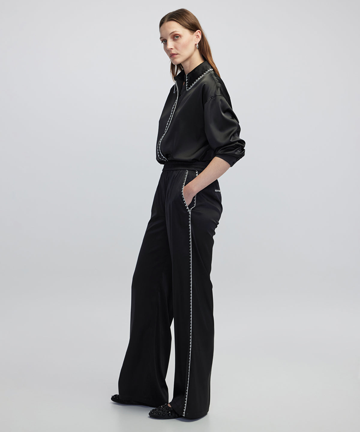 Zoomed Strass-Trim Wide-Leg Trousers