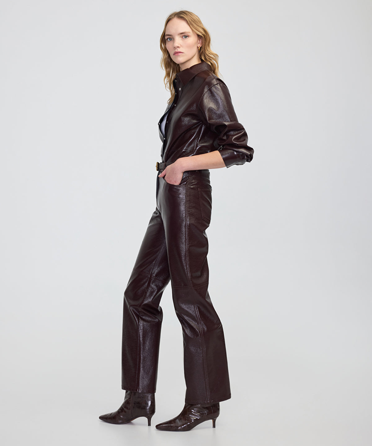 Faux Patent Leather Straight-Leg Trousers