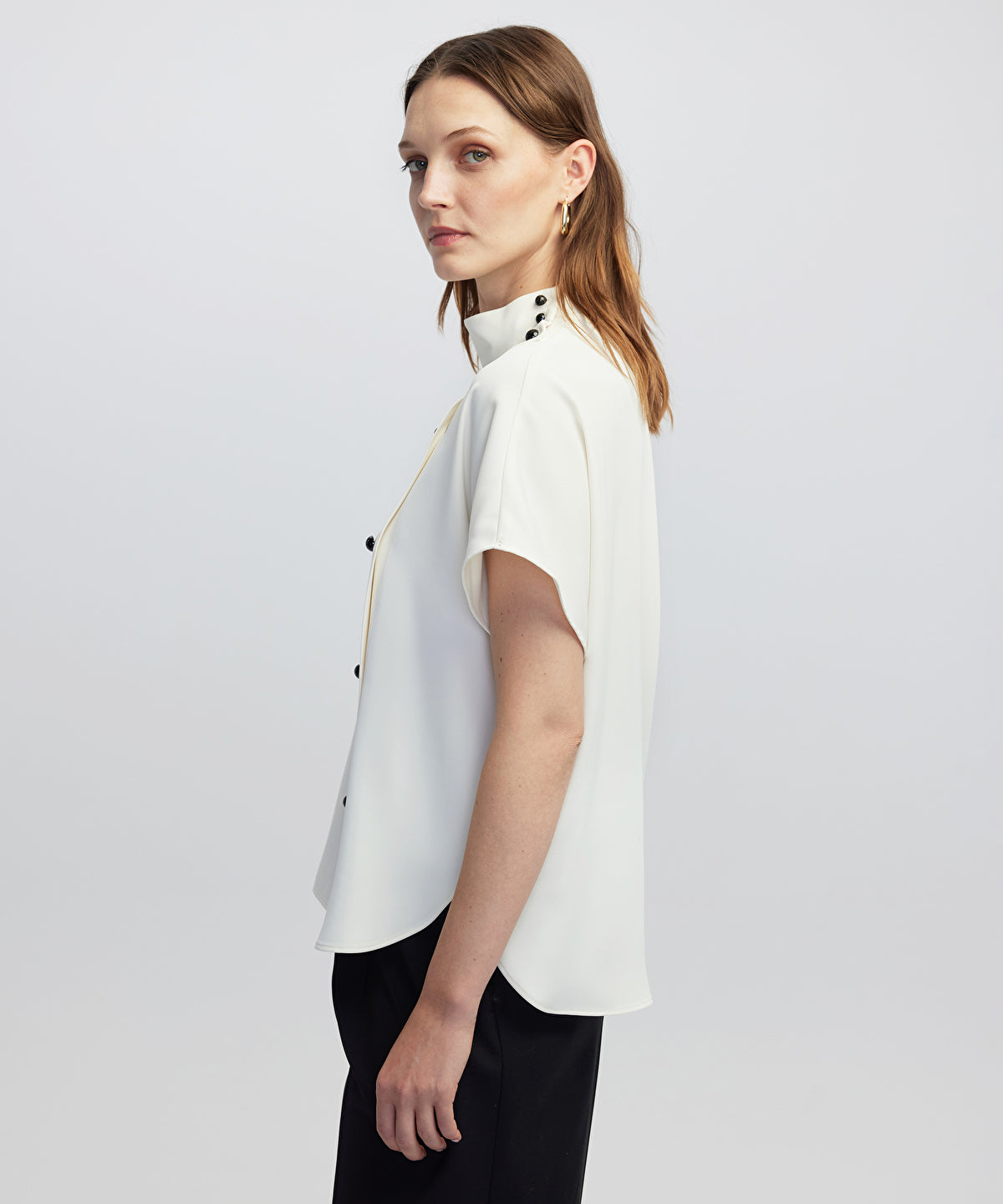 Zoomed High-Neck Blouse with Contrast Buttons