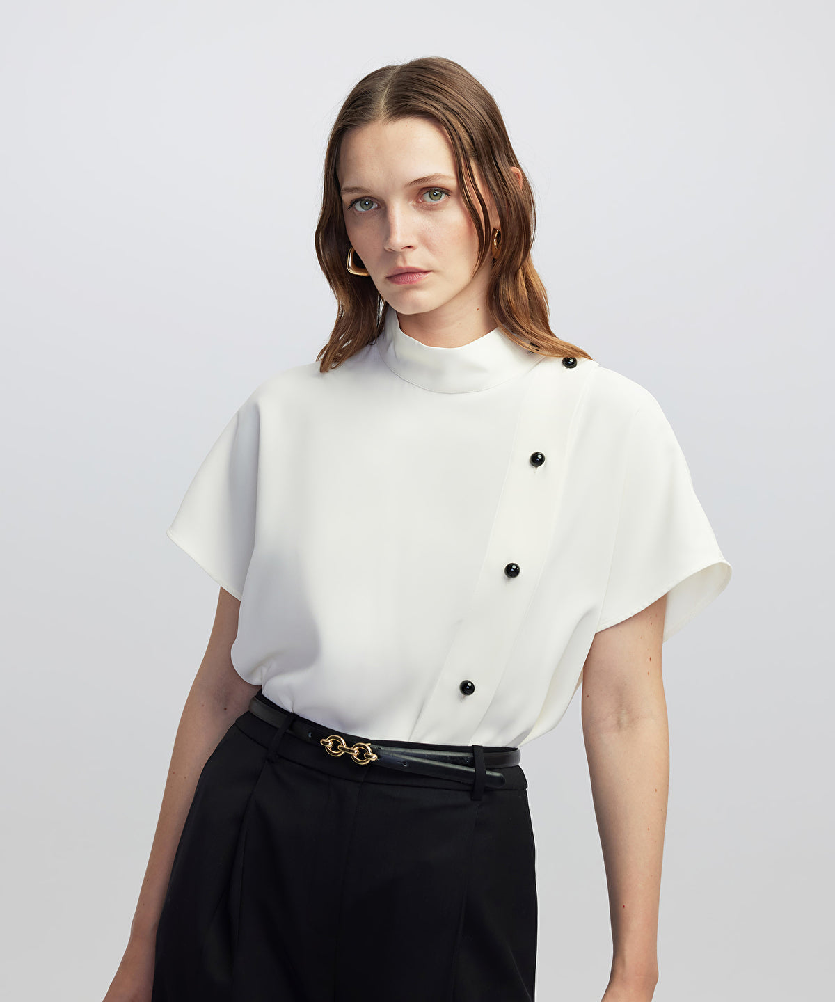 Zoomed High-Neck Blouse with Contrast Buttons