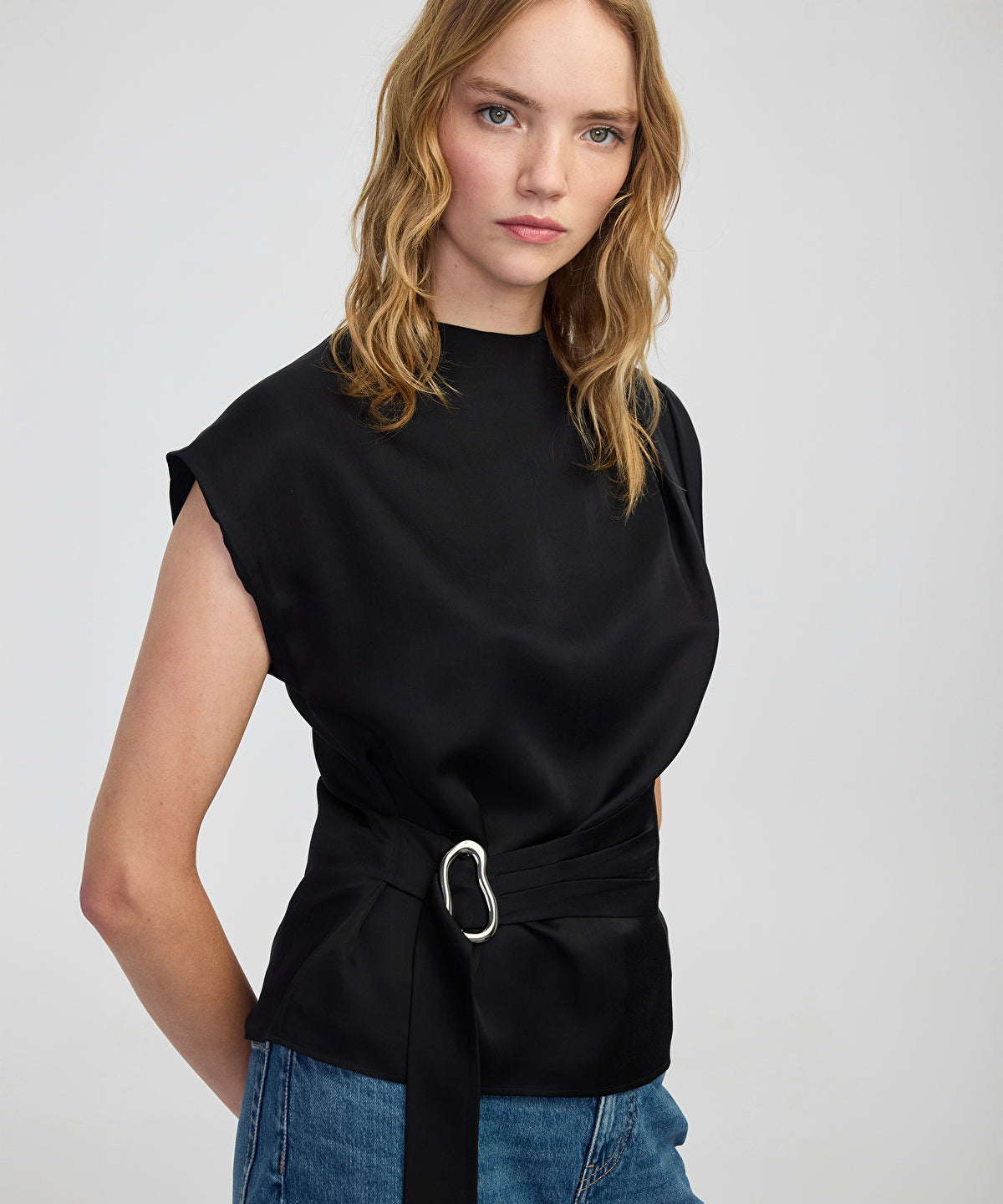 Zoomed Satin-Effect Belted Blouse