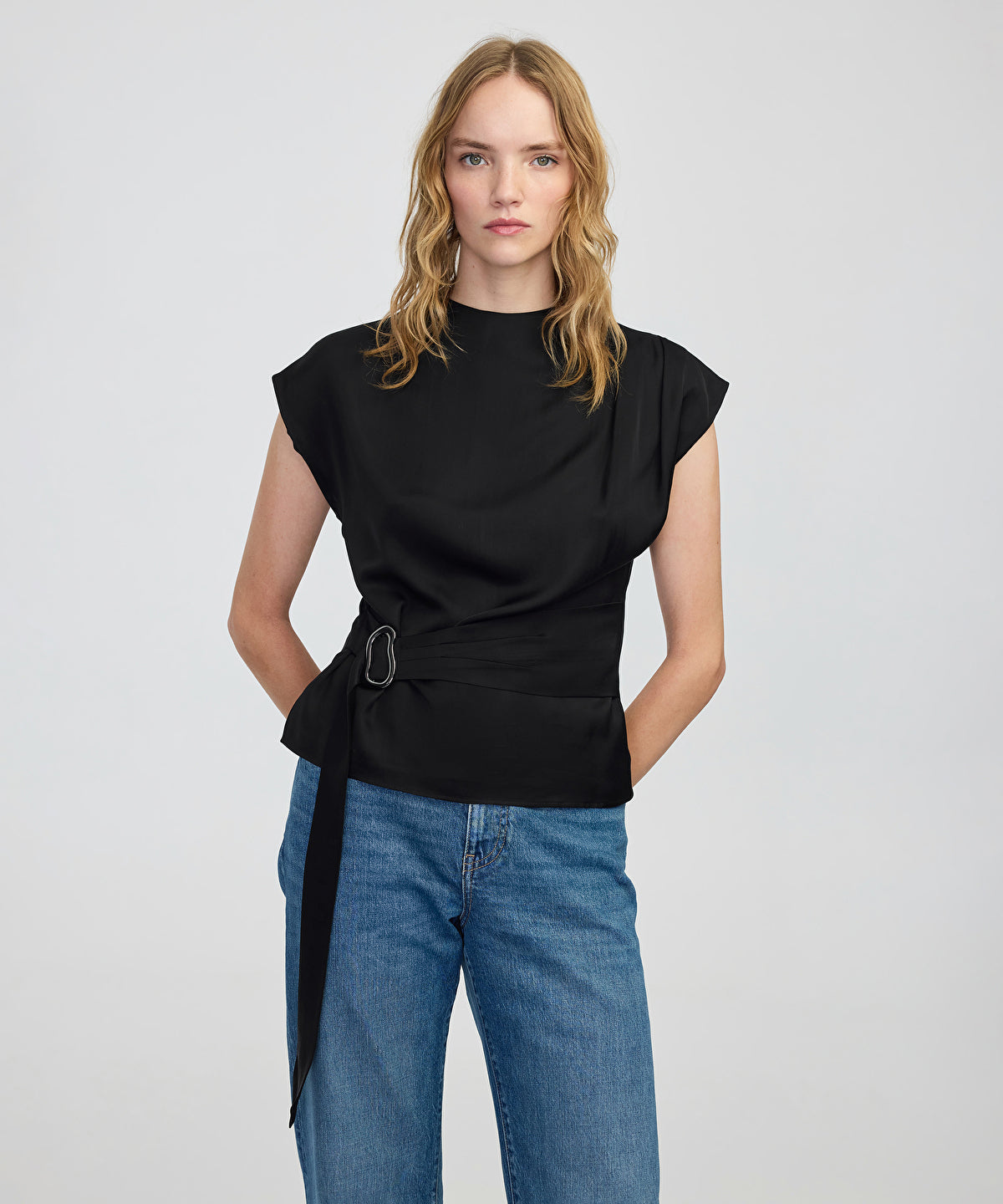 Zoomed Satin-Effect Belted Blouse