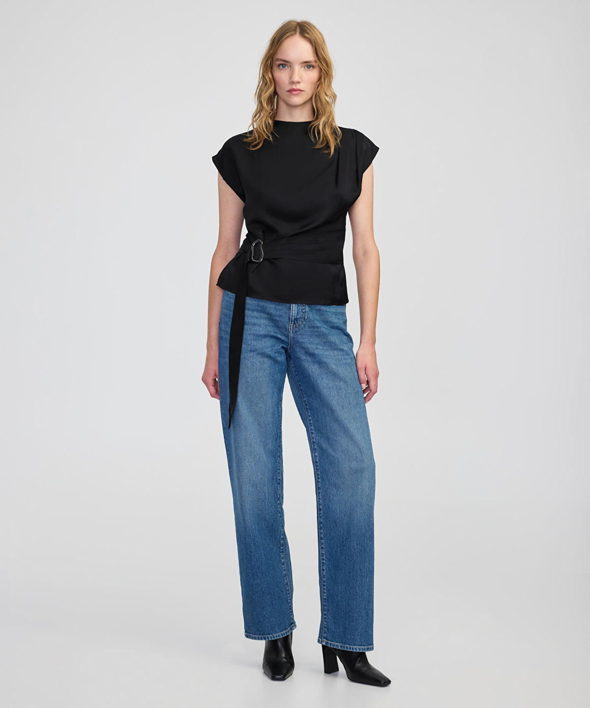 Zoomed Satin-Effect Belted Blouse