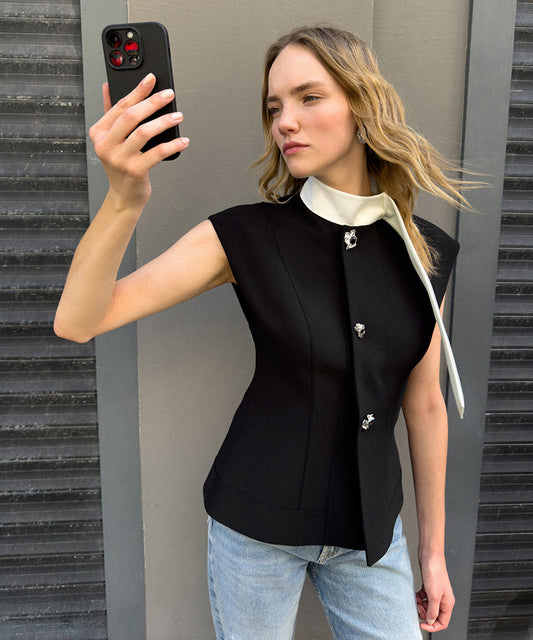 Jewel-Button Color-Block Vest