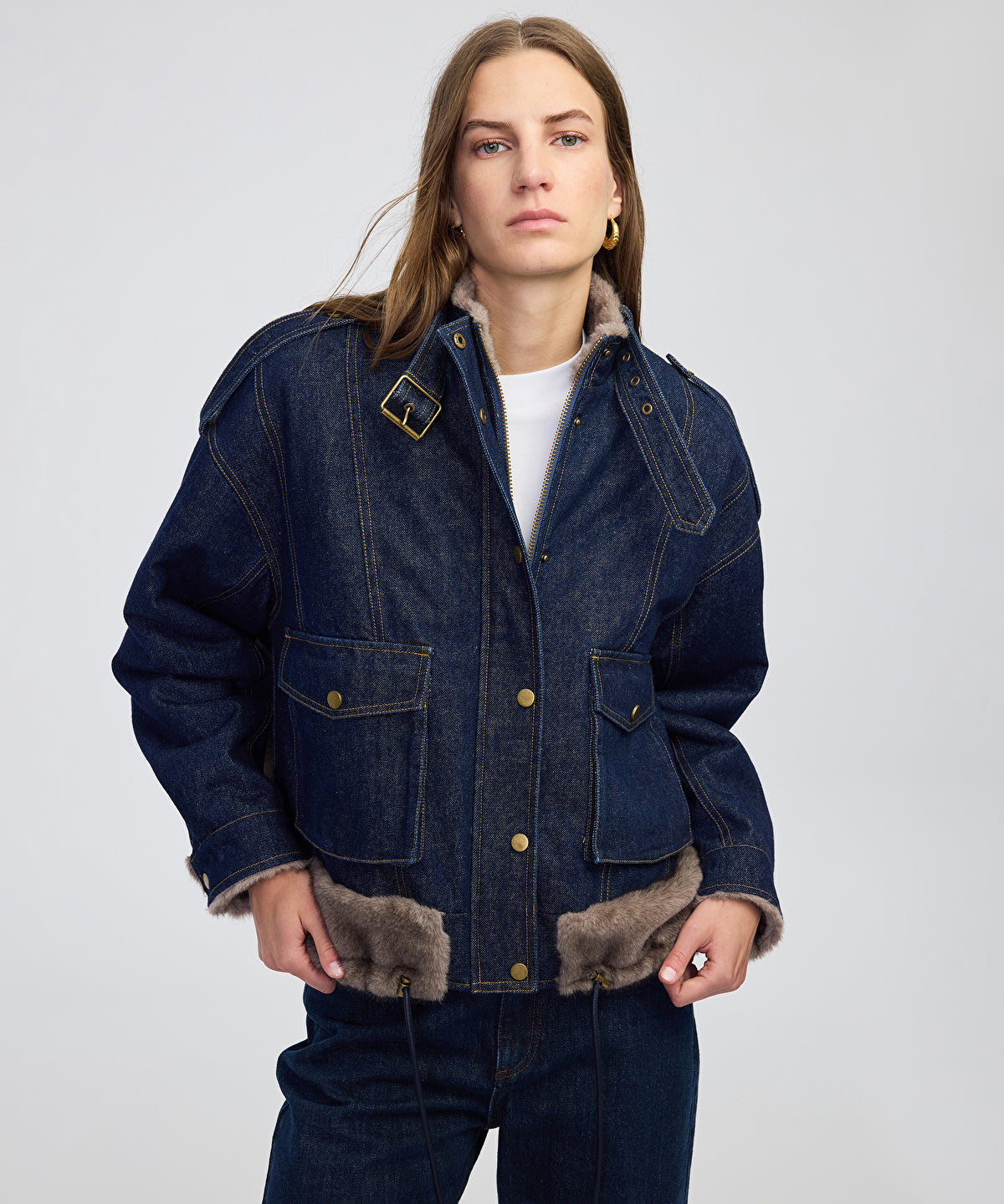 Zoomed Faux Fur Trim Denim Bomber
