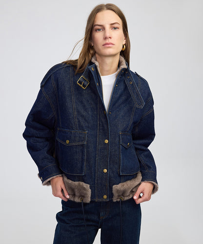 Faux Fur Trim Denim Bomber