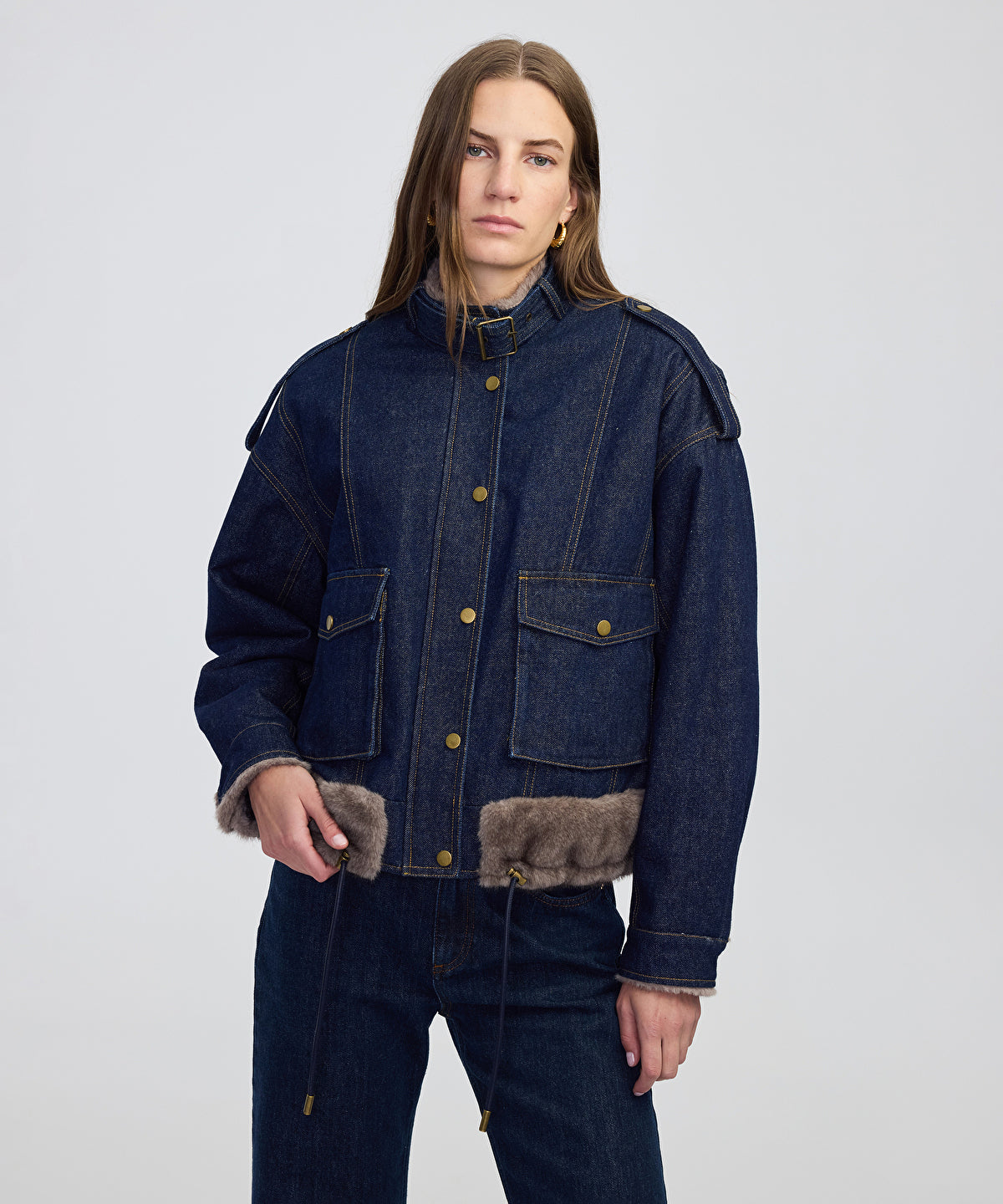 Faux Fur Trim Denim Bomber