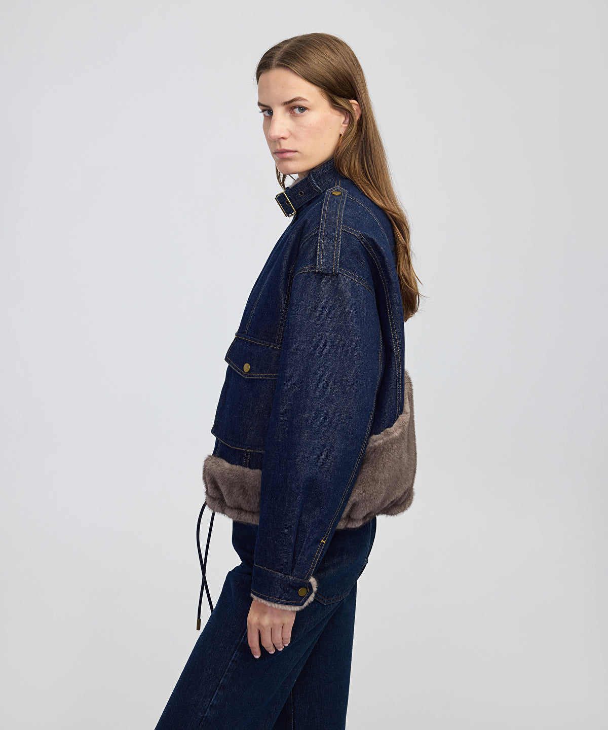 Zoomed Faux Fur Trim Denim Bomber