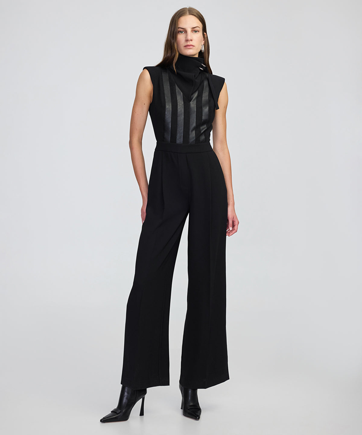 Zoomed Faux Leather & Suede Panel Jumpsuit