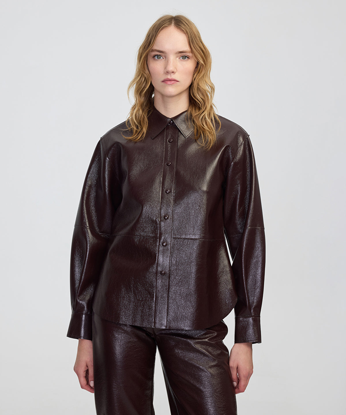 Zoomed Faux Patent Leather Shirt