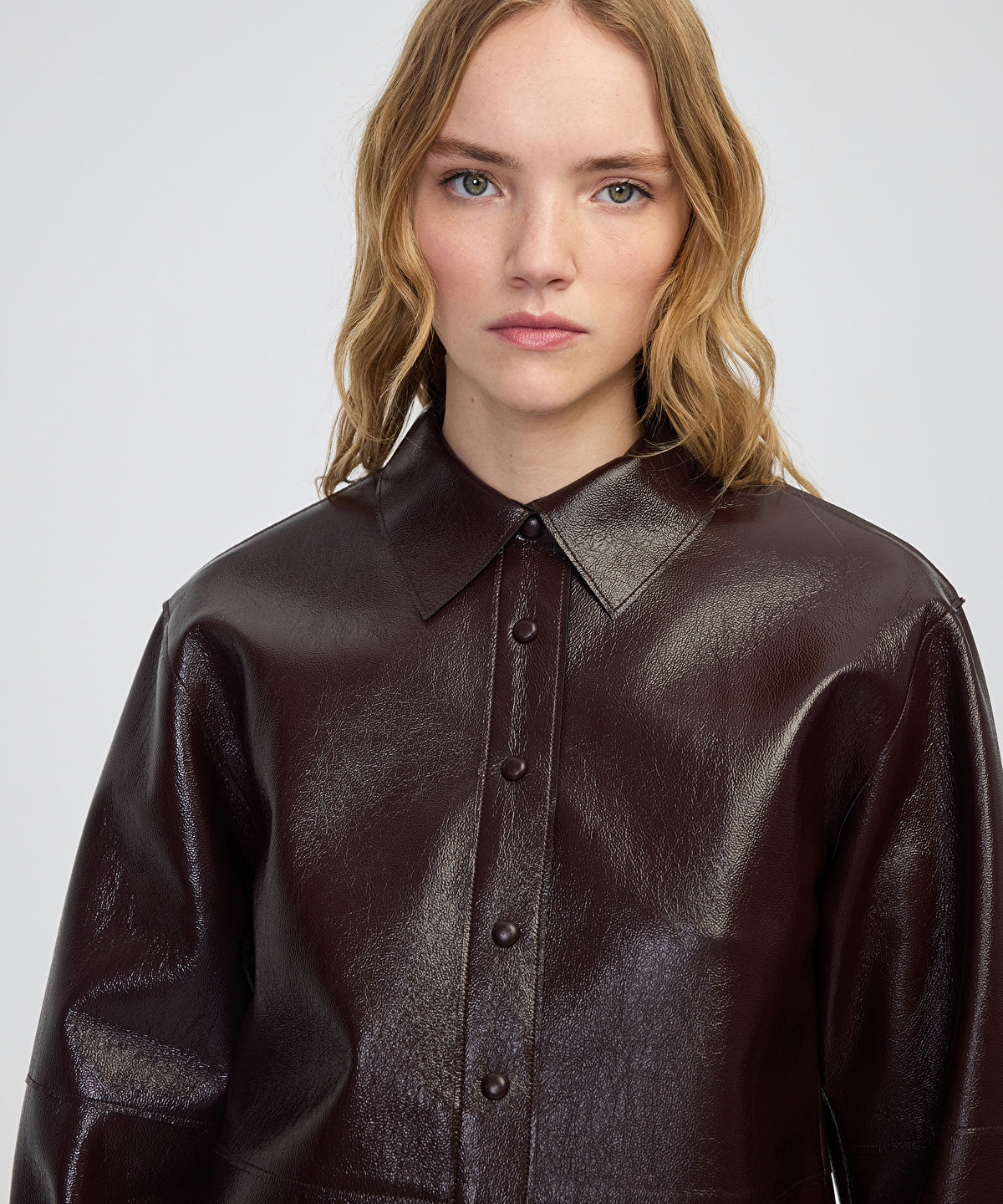 Zoomed Faux Patent Leather Shirt