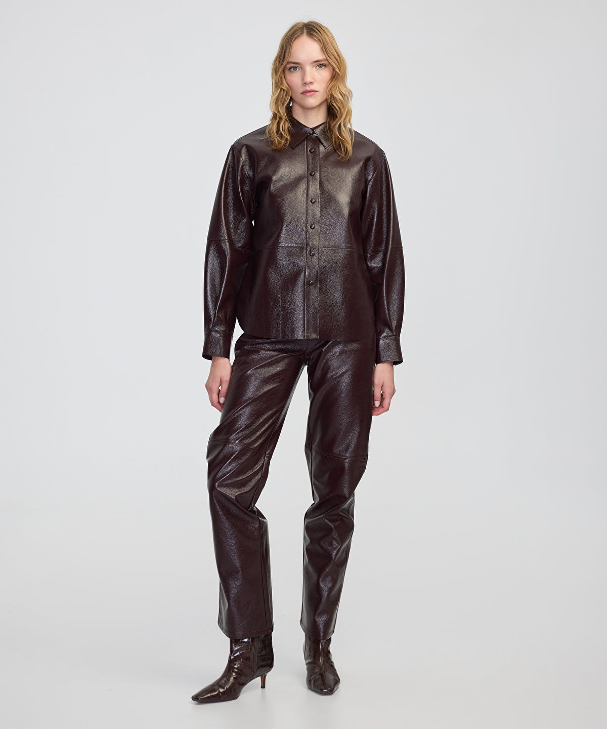 Zoomed Faux Patent Leather Shirt