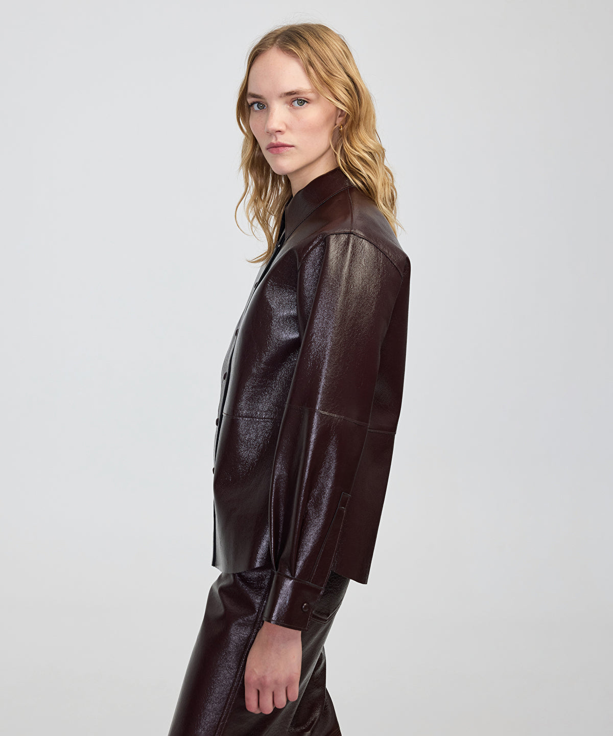 Zoomed Faux Patent Leather Shirt