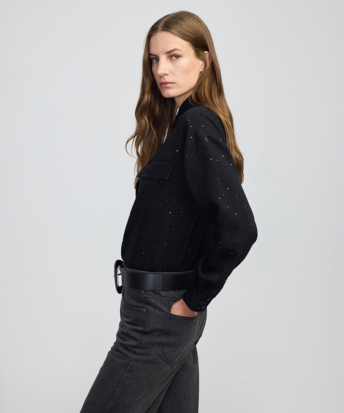 Zoomed Sequin Embellished Striped Shirt