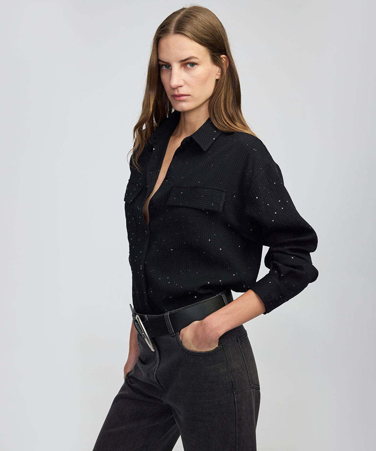 Zoomed Sequin Embellished Striped Shirt