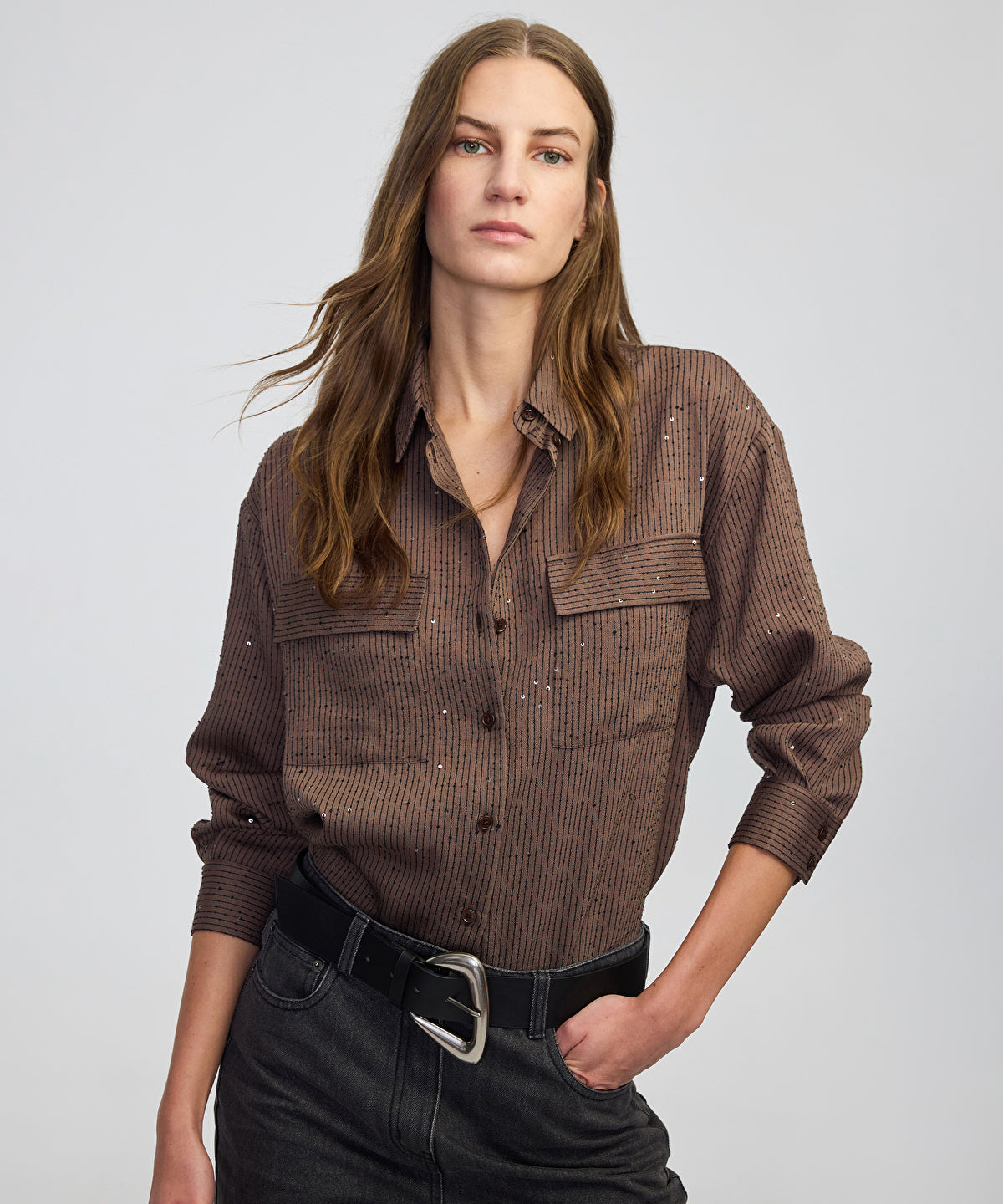 Zoomed Sequin Embellished Striped Shirt