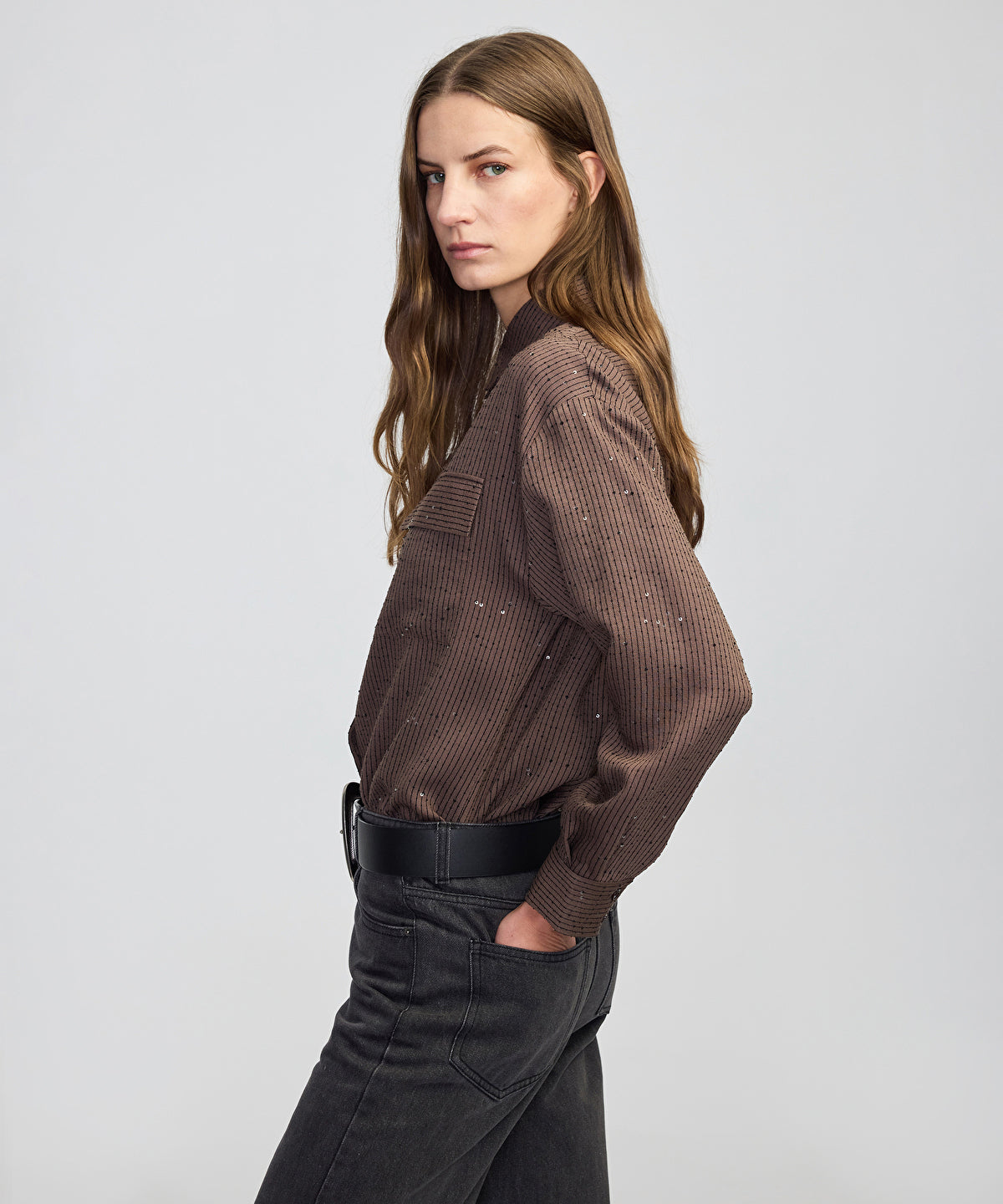 Zoomed Sequin Embellished Striped Shirt