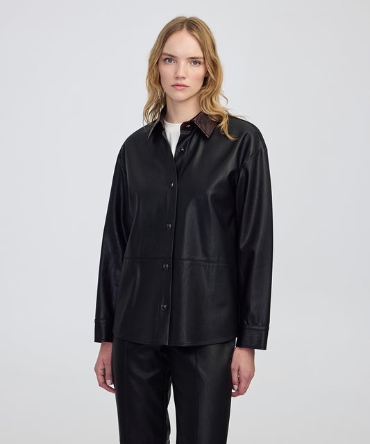 Contrast Collar Leather-Effect Shirt 