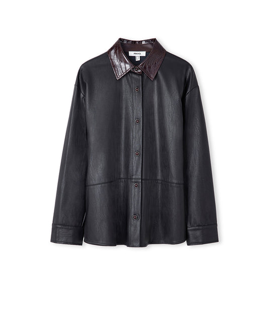 Contrast Collar Leather-Effect Shirt 