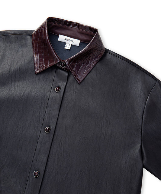 Contrast Collar Leather-Effect Shirt 