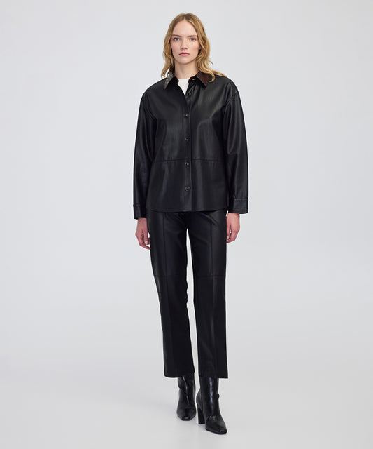 Contrast Collar Leather-Effect Shirt 