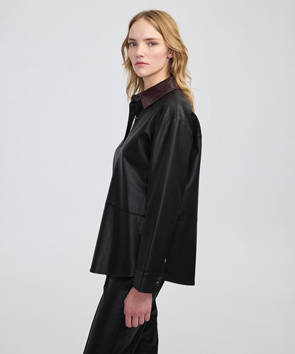 Contrast Collar Leather-Effect Shirt 