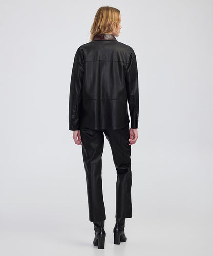 Contrast Collar Leather-Effect Shirt 