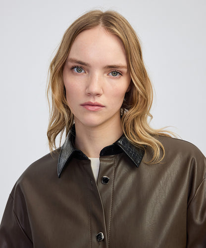 Contrast Collar Leather-Effect Shirt 